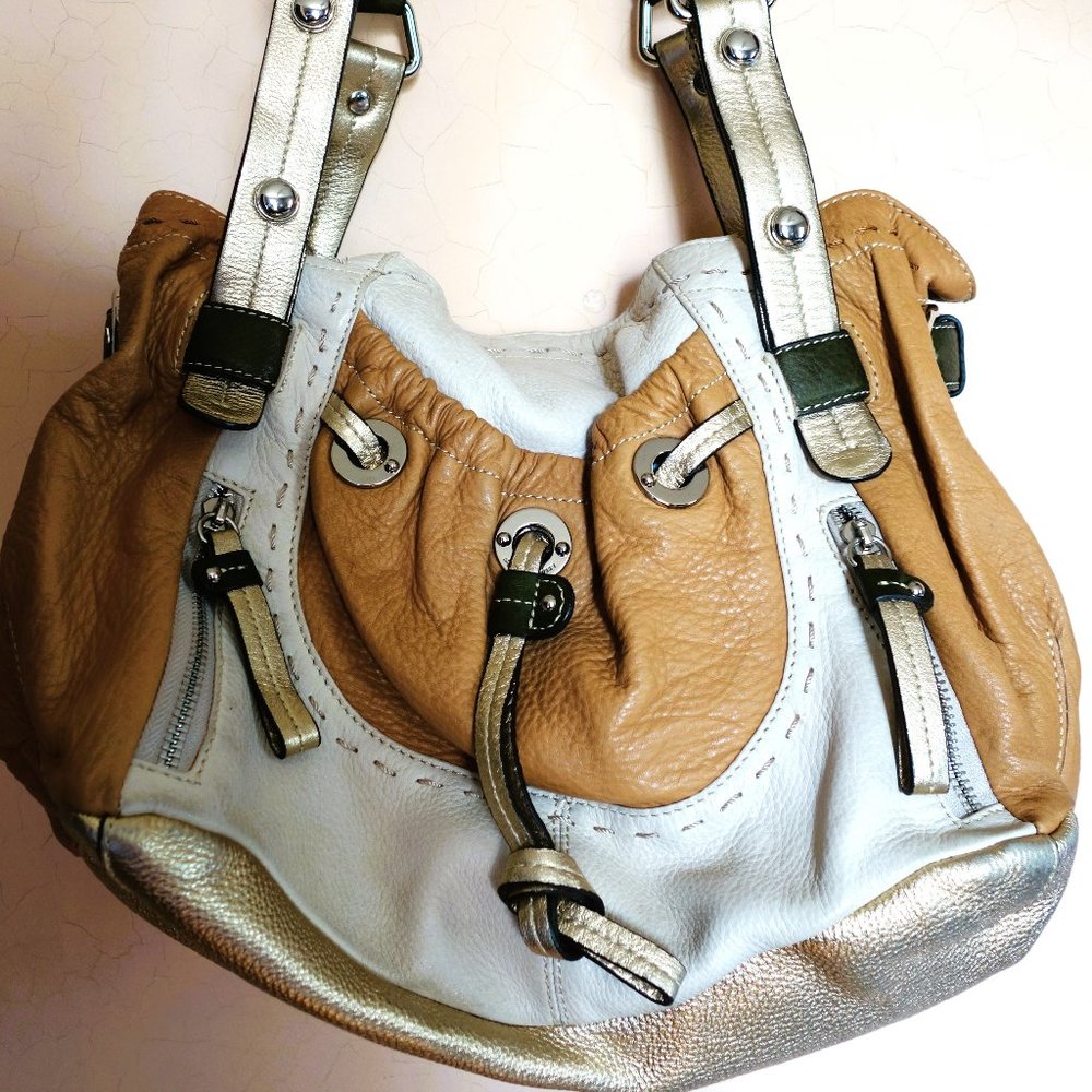 B Makowesky Womens Leather Tri-Colored Tan, Brown, and Cream Satchel Bag